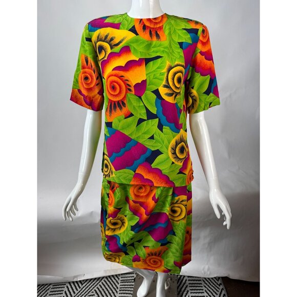 Evan-Picone Petites Size 2 & 4 Vintage 90s Acid Green Silk Floral Two-Piece Skir - Picture 9 of 16